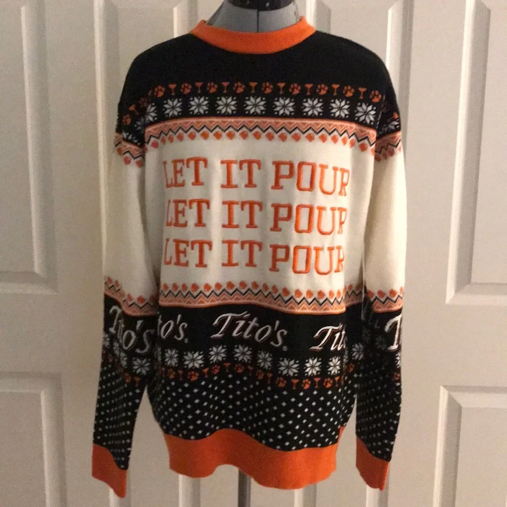 Tito’s Vodka Hand Made Embroidered Orange & White “Let It Pour” Sweater M